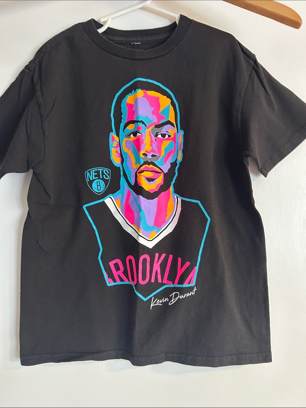 Brooklyn Nets Kevin Durant Kids Graphic Tee - Black with Neon Portrait